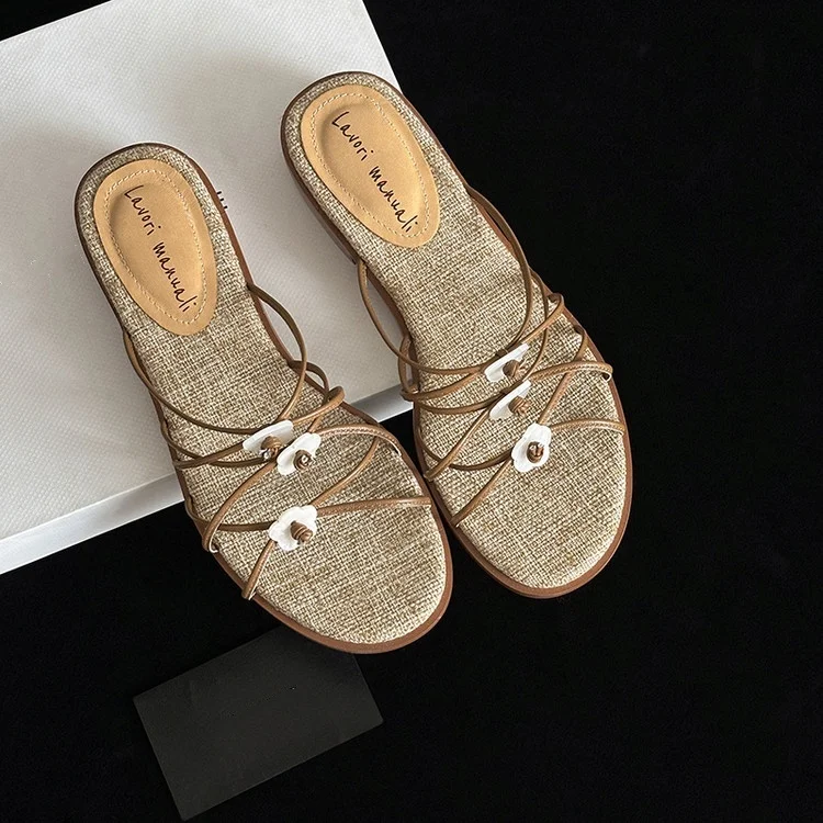 

2025Summer New Design Women Flats Slippers Sweety Small Flowers Decor Beach Slides Hemp Sole Thin Strap Lady Flip Flops Sapatos