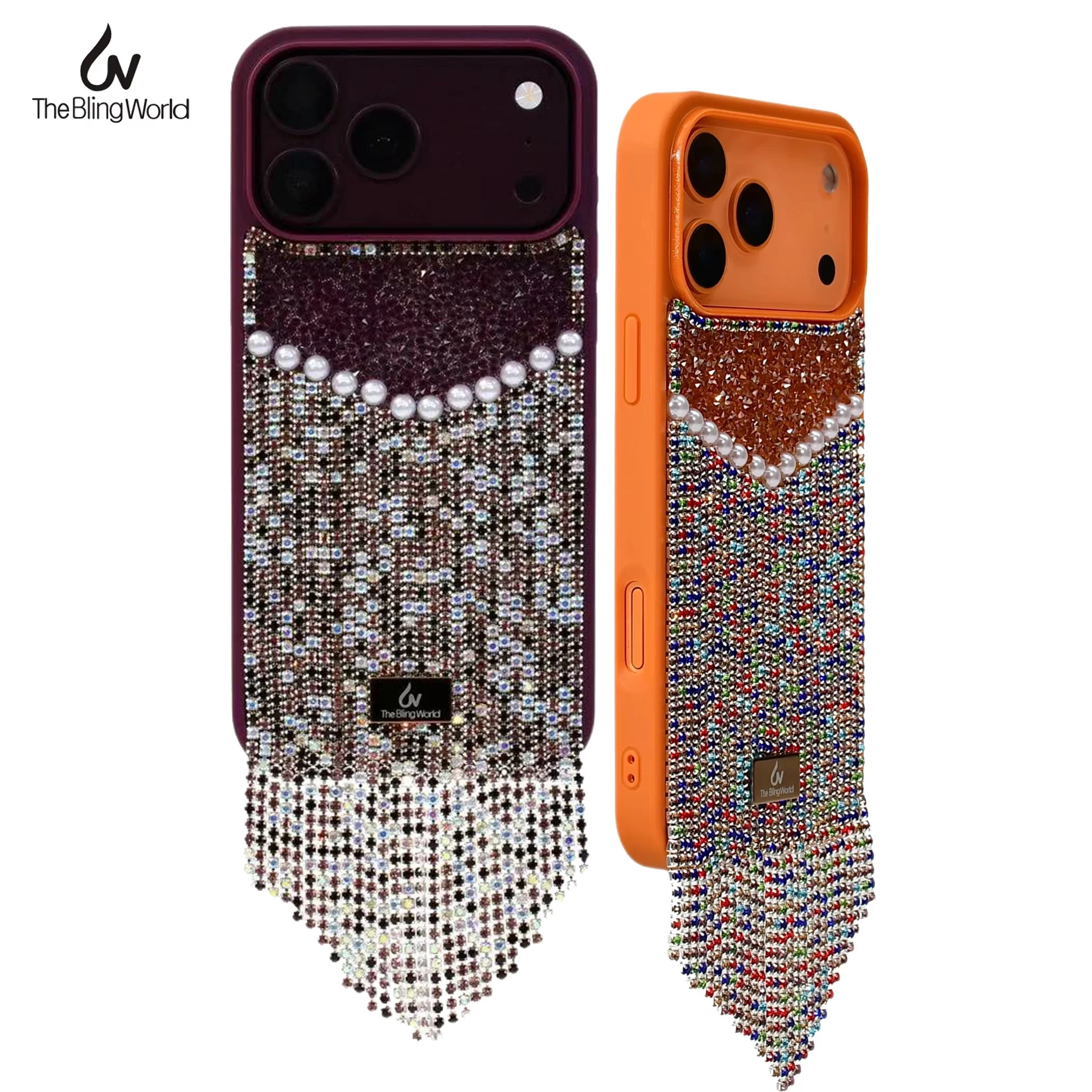 The Bling World Luxury Pearl Crystal V-Tassel Case for iPhone 18 17 16 15 Pro Max 14 Shiny Diamond Rhinestone Chain Women Case