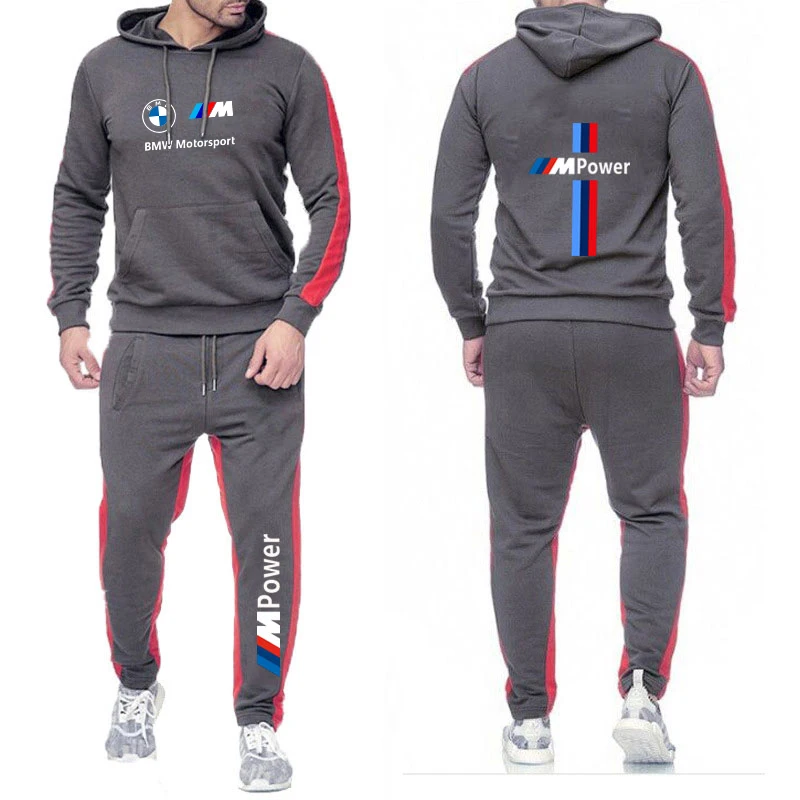 BMW Brand Logo Printed Men's Sets Autumn and Winter Hoodie Casual Sports Shirt Track Suit Striped Sportswear+Jogging Pant