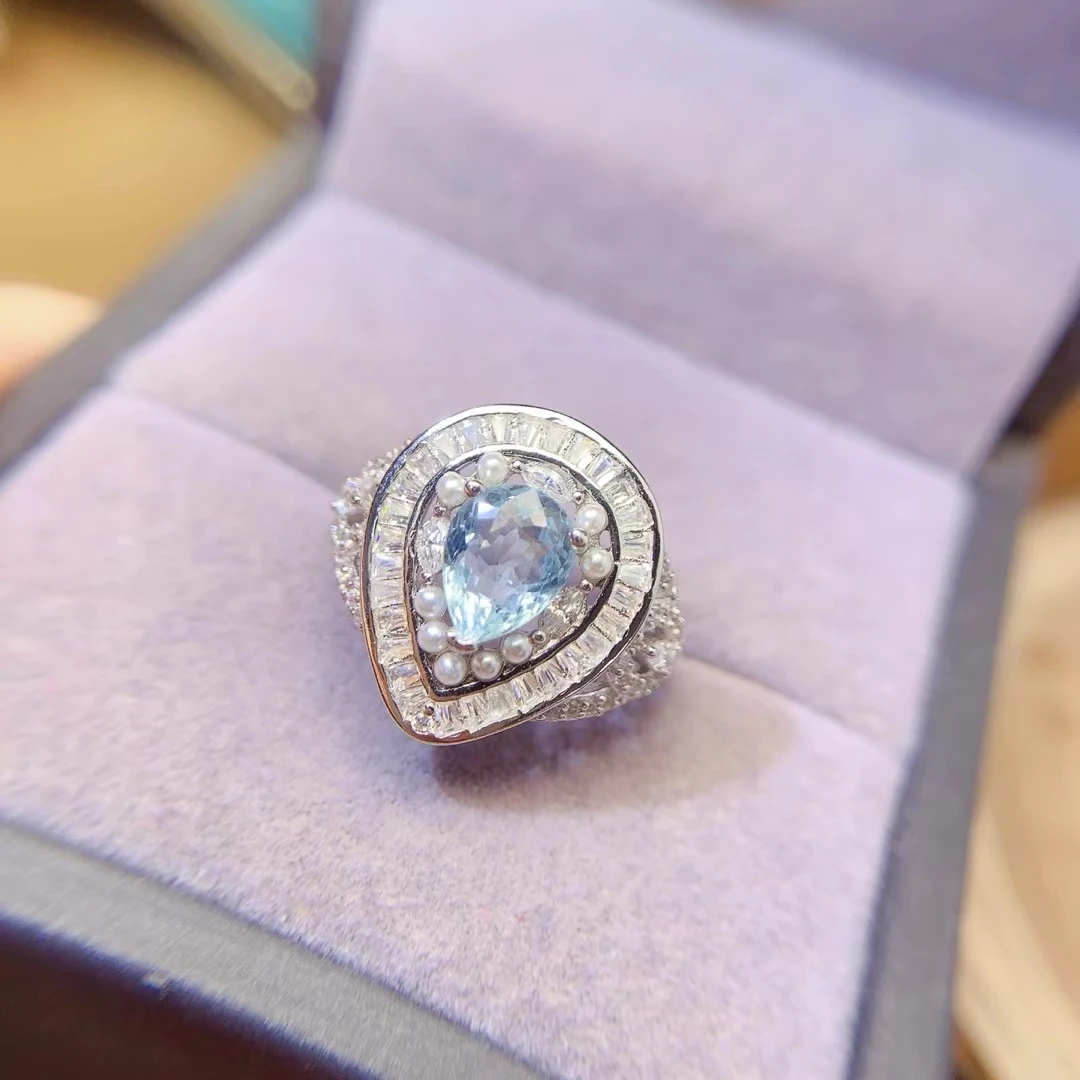 KJJEAXCMY Natural Aquamarine Ring S925 silver , electroplated locking color process, high clarity Full of luster Support testing