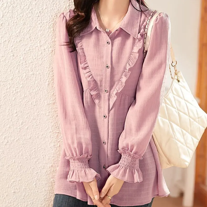 Sweet Folds Spliced Pink Shirt Commute Women\'s Clothing Single-breasted Spring Autumn Loose Long Sleeve Stylish Shirring Blouse