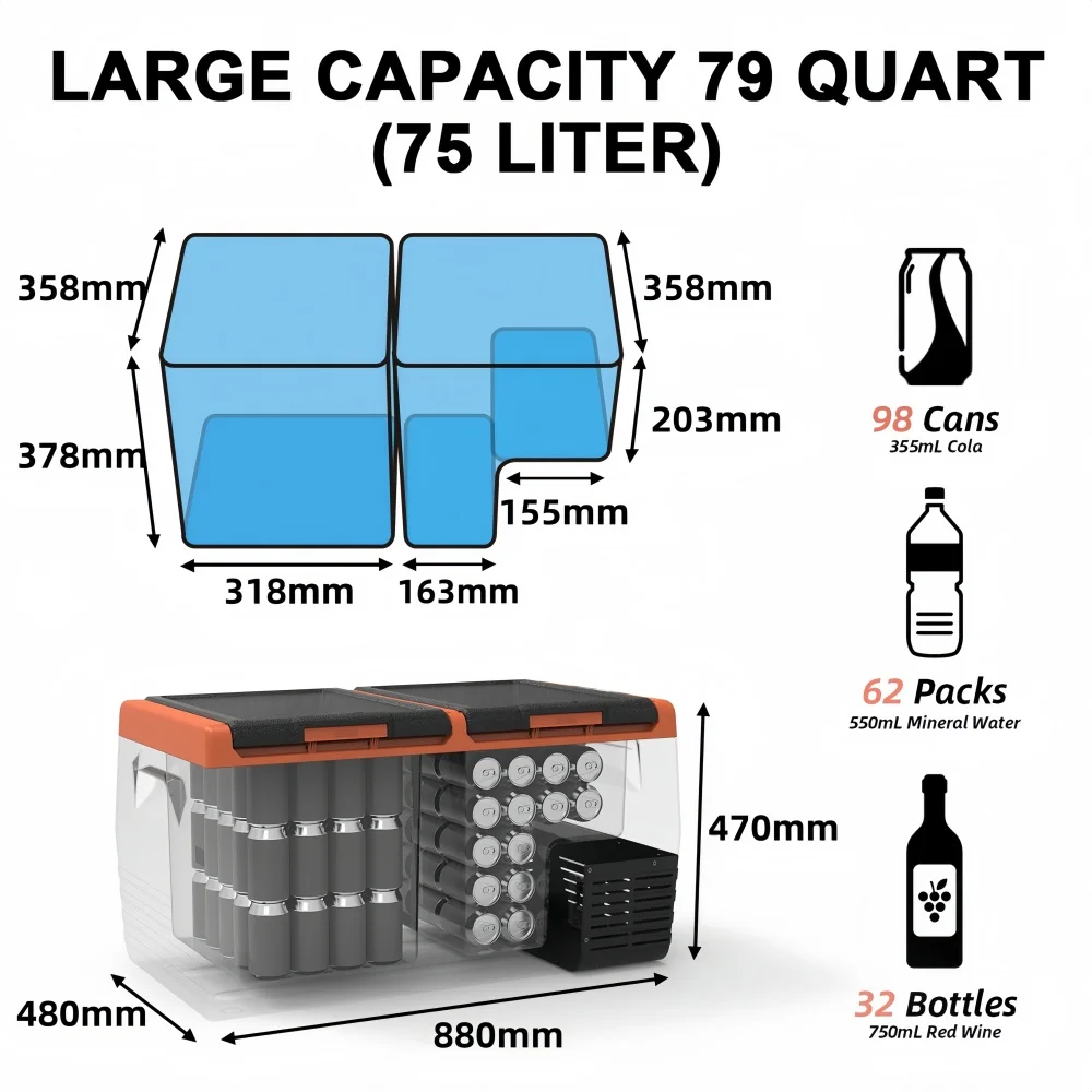 ICECO MCD75 Dual Zone 12V Compressor Portable Car Fridge Freezer Automobile Refrigerator With Wheels And Handle