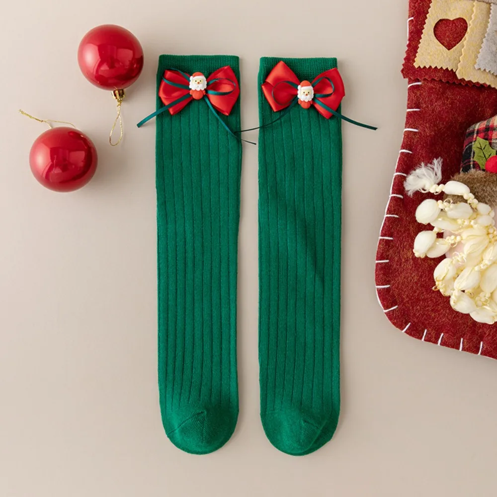 Cute Middle Tube New Year Red Socks Green Thicken Bow Hosiery for Princess Sweet Children Long Socks For Girls