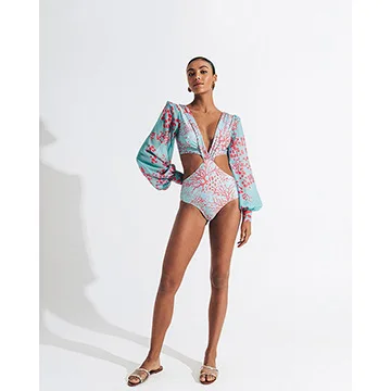 Biquíni sexy de manga comprida sem costas, peça única, cintura alta, renda, praia, piscina
