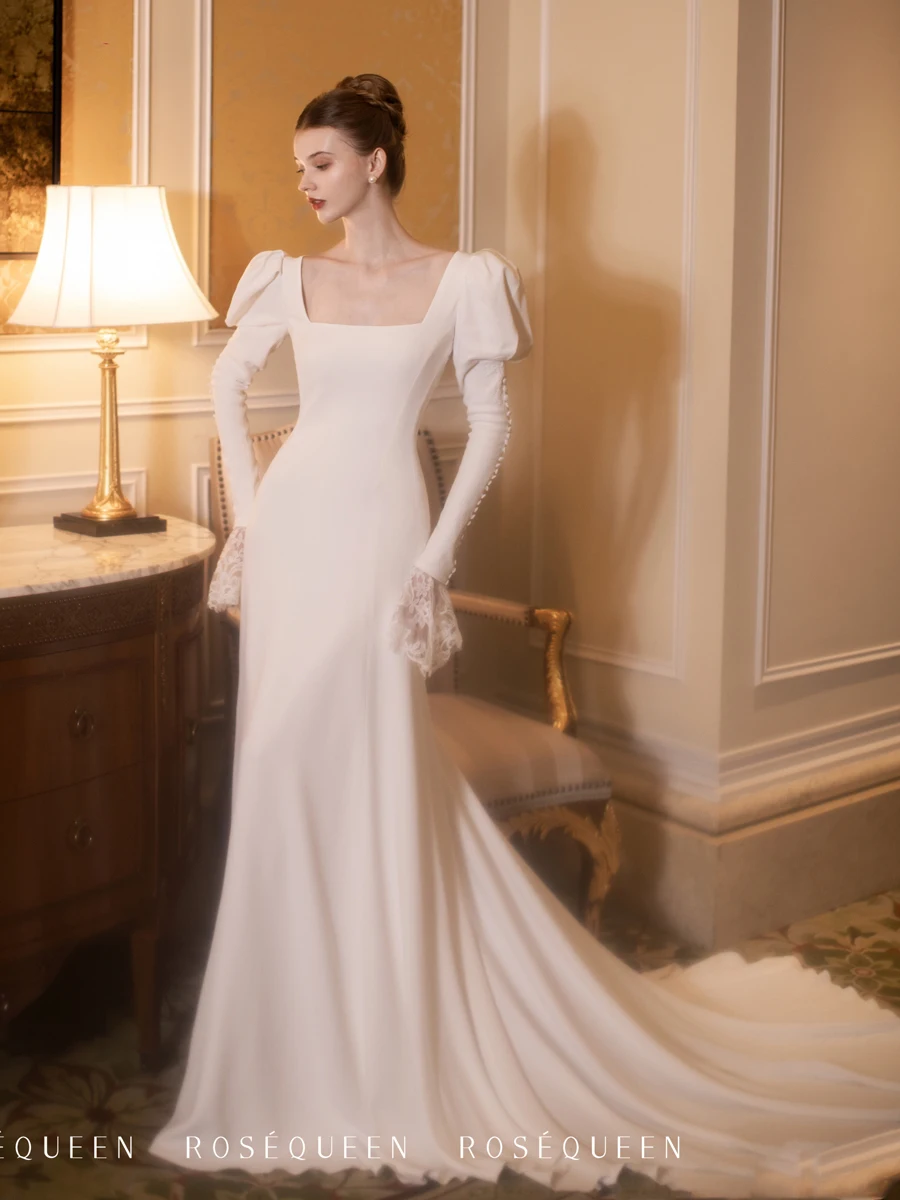 Robe de mariée française à col en U, robe sirène à manches longues, élégante robe de patients avec appliques en dentelle, grande taille