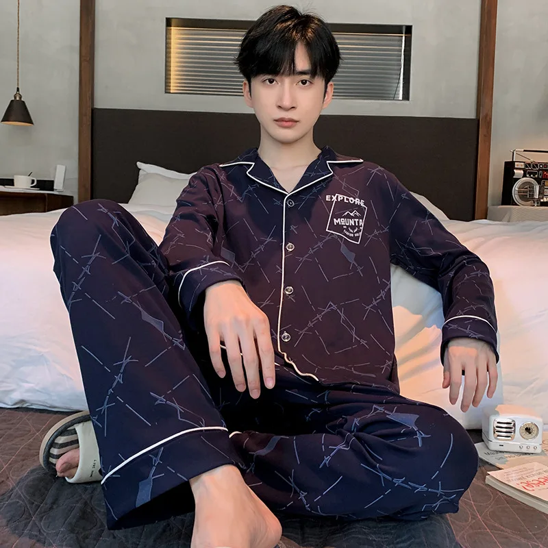 Korean Fashion Cotton Home Clothes for Men Autumn Cardigan Long Pajamas Set 2023 New Nightwear 2 Pieces Pijamas pyjama homme