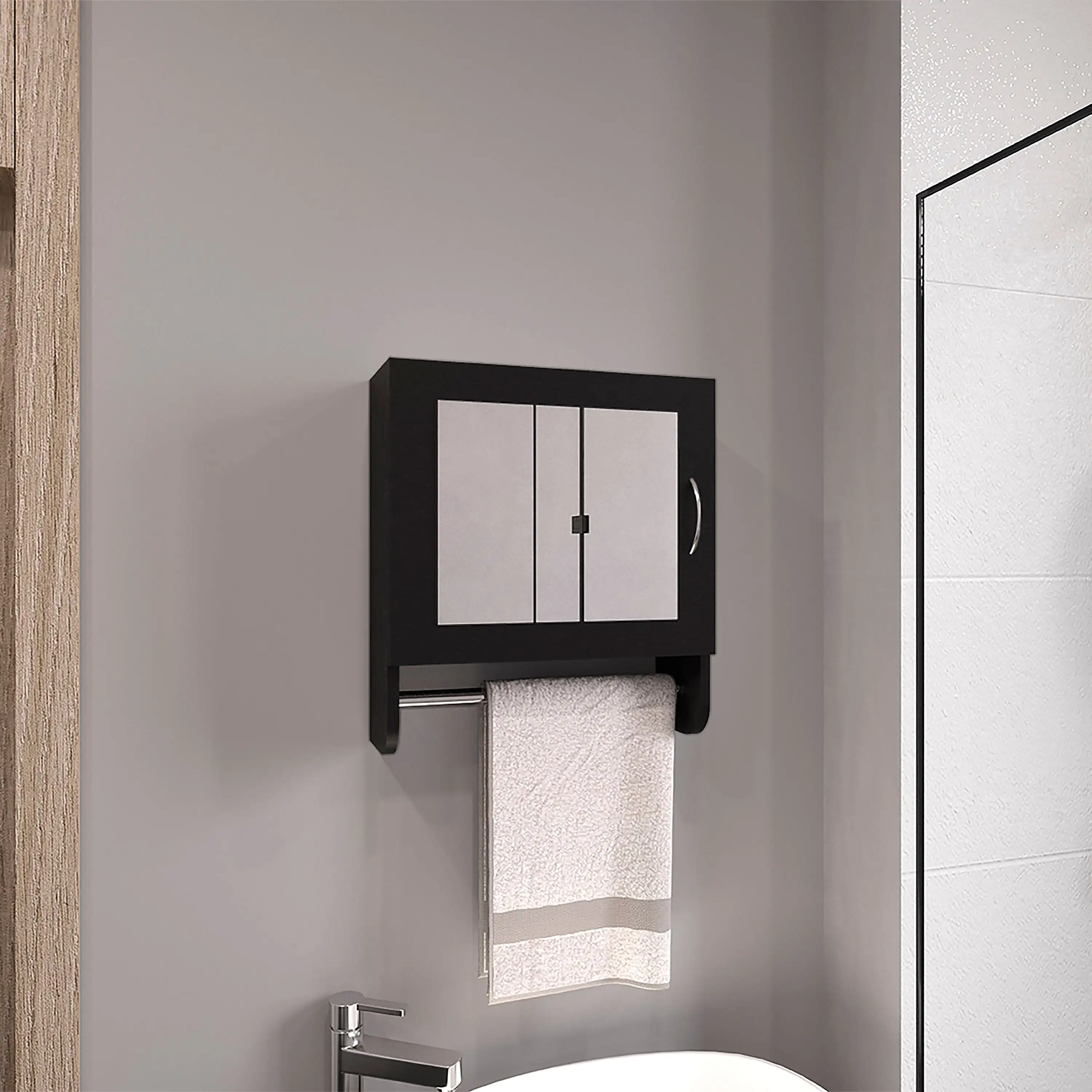 

BOTIQ 19.7" H x 17.7" W Mirror Medicine Cabinet with Towel Rack White, One door with Two interior Shelves for Bathroom - Black