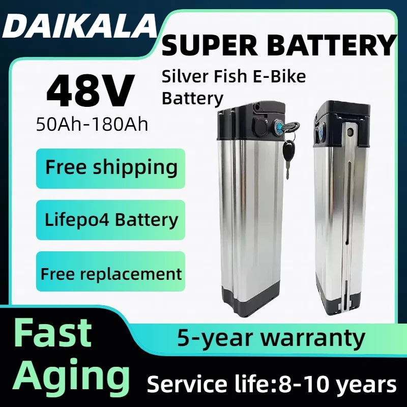 

Brand New 48V 50ah 180ah Silver Fish Electric Bicycle Battery 48V Lithium Battery Aluminum Shell Anti-theft Lock with Charger