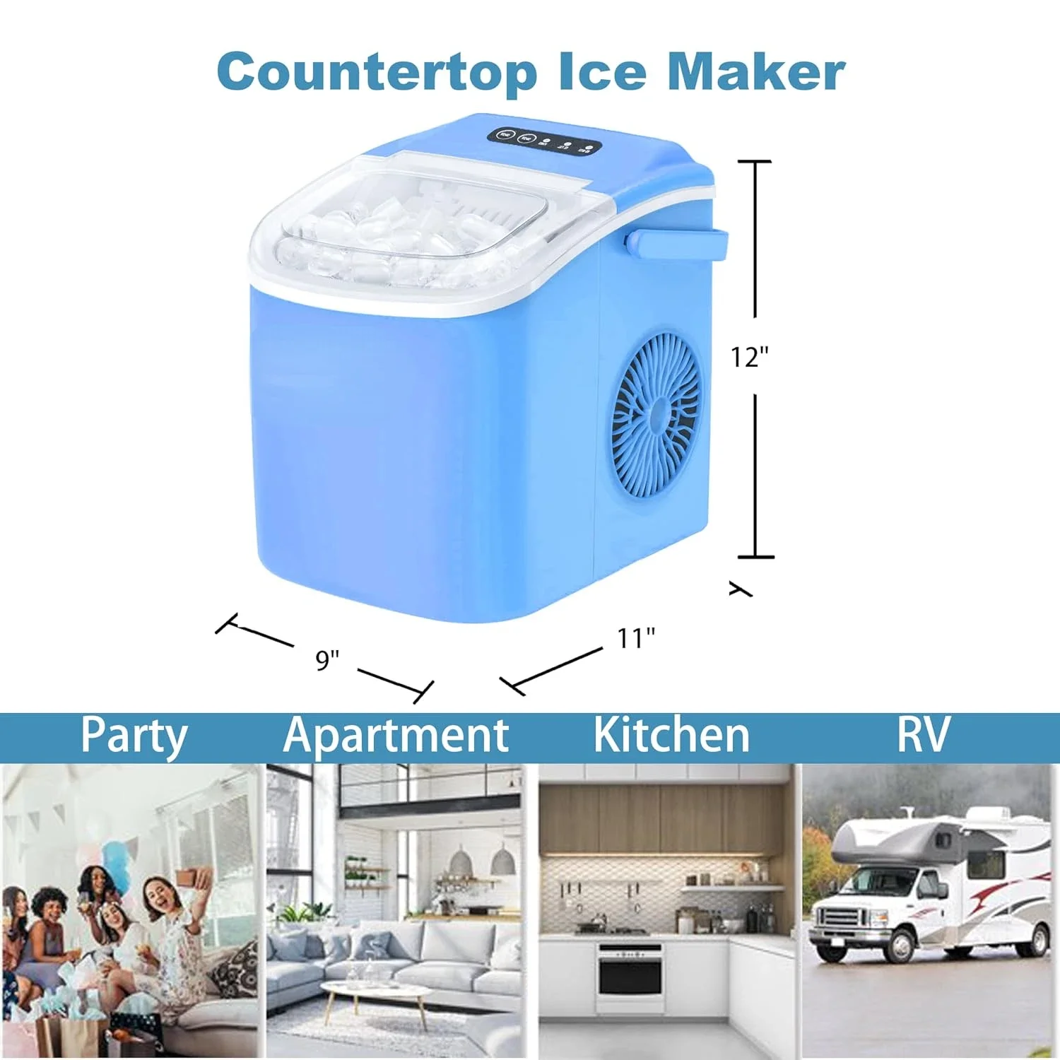 Efficient Countertop Ice Maker Machine Producing 9 Ice Cubes in Just 6 Minutes, Capable of Making 26.5lbs of Ice in 24 Hours, Eq