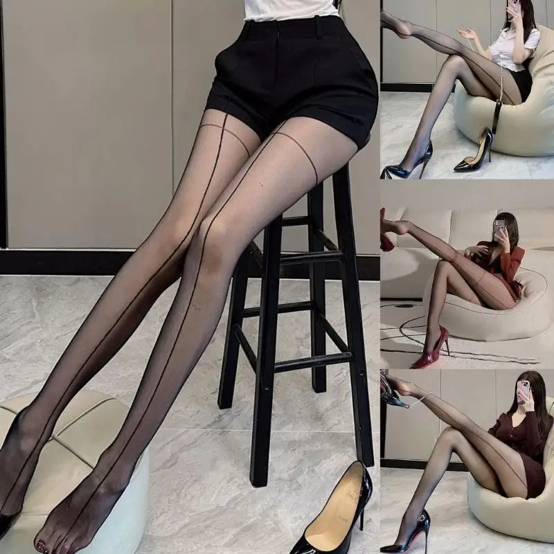 

Y88A Sheer Leggings Tights for Women Crosses Striped Print Faux Thigh Rings See Through Pantyhose Seamed Stockings