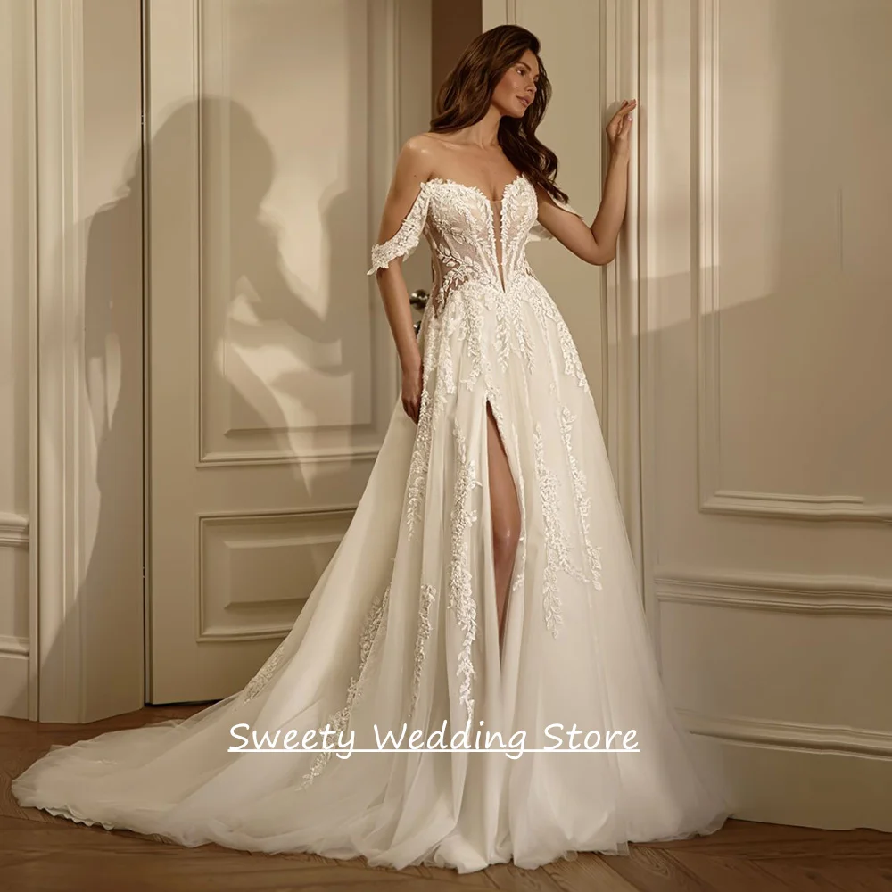 

Блестящее свадебное платье для невесты на заказ, с V-образным вырезом, открытыми плечами, бисерной аппликацией, разрезом и шлейфом, Vestido Bridal Gown