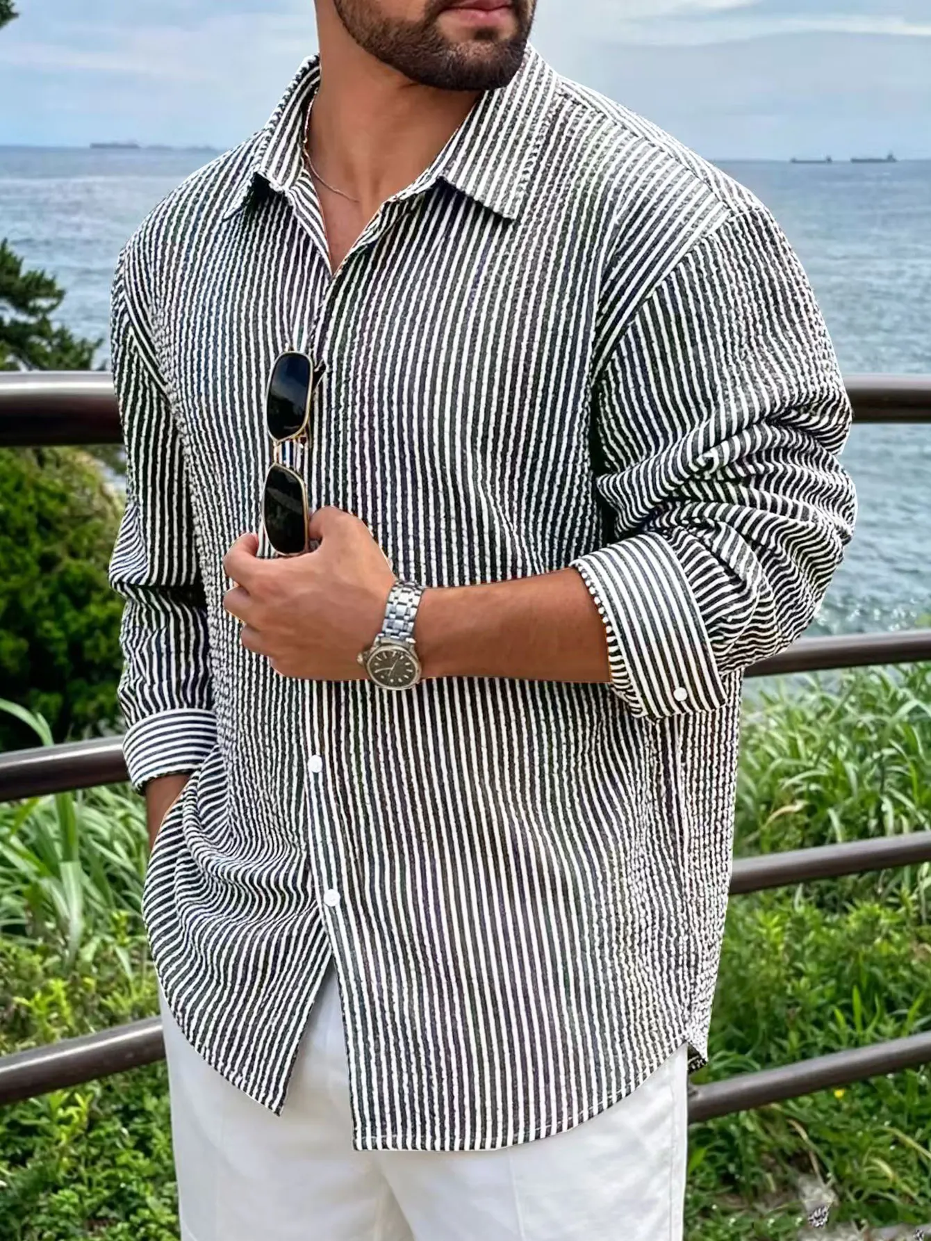 Herren Langarm-Streifenhemd mit Lockerem Schnitt Stilvolle Bequeme Freizeitkleidung für Alle Jahreszeiten Ideal für Outdoor-Aktivitäten – Detail 8