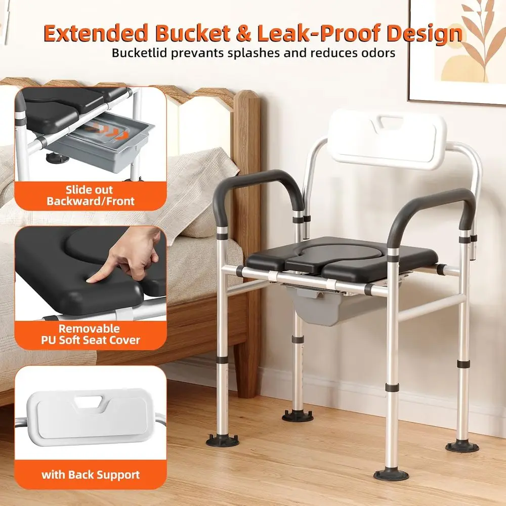 Bedside Commode Chair with Adjustable Height and Width, Raised Toilet Seat with Arms Handles and Back Support for Elderly, Porta