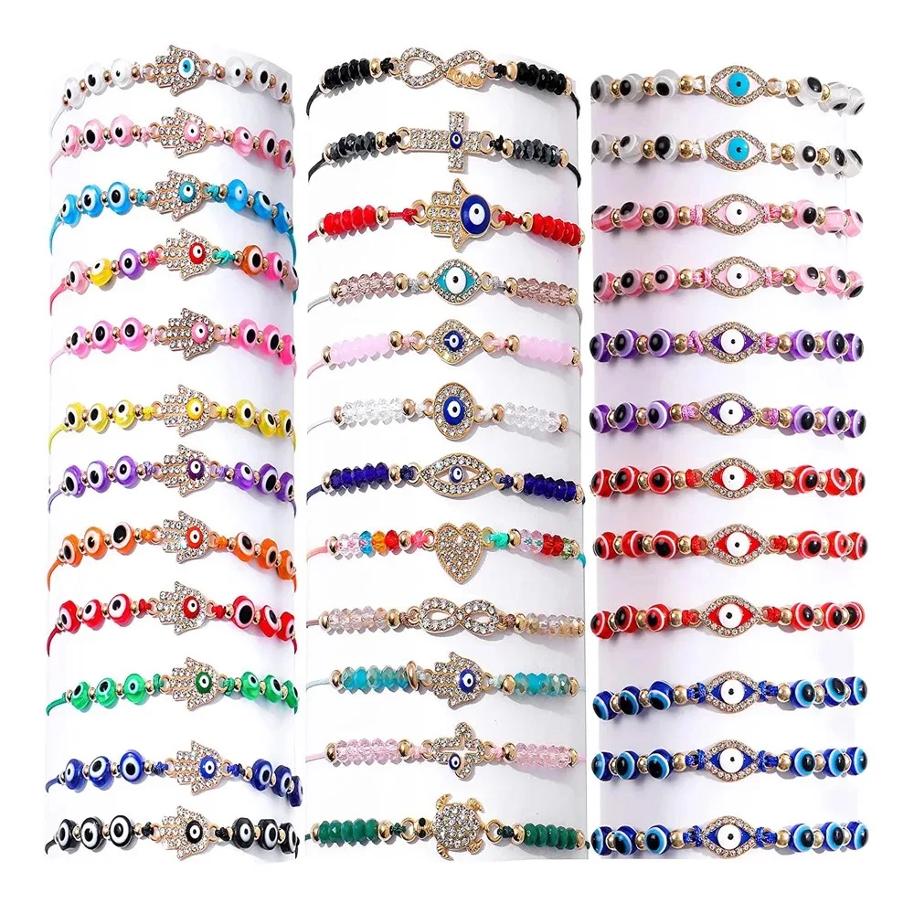 Colorful Turkish36pcs/set Evil Blue Eyes with Rhinestone Blue Eye Turtle Cross Fatima adjustable rope bracelet set