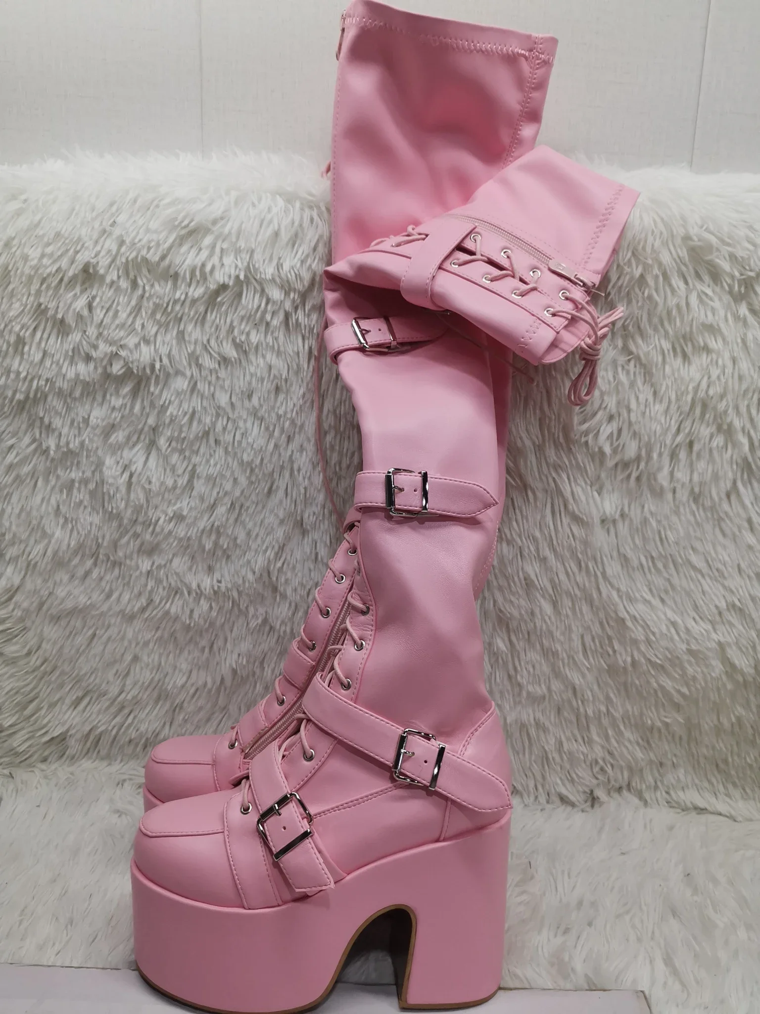 Pink Platform Belt Buckle Women\'s Boots 2024 Autumn Round Toe Cross Strap Thick High Heels Fashion Overknee Street Knight Boots