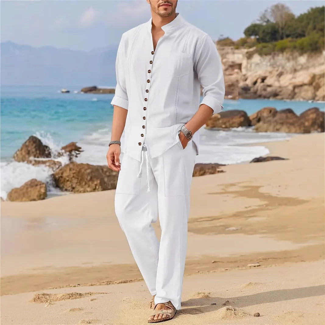 2025 new summer fashion men's shirt casual everything loose solid color button no hat long sleeve pants comfortable beach suit