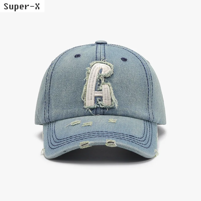 Classic Denim Baseball Cap for Men Cotton Faded Distressed Ripped Men Caps Jean Blue Trucker Hats Big Letters Unisex Style