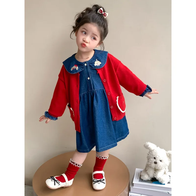 

Girls Sweater Jacket Denim Skirt2025Spring and Autumn New Children's Little Girl Sweet Fashionable Skirt Two-Piece Set
