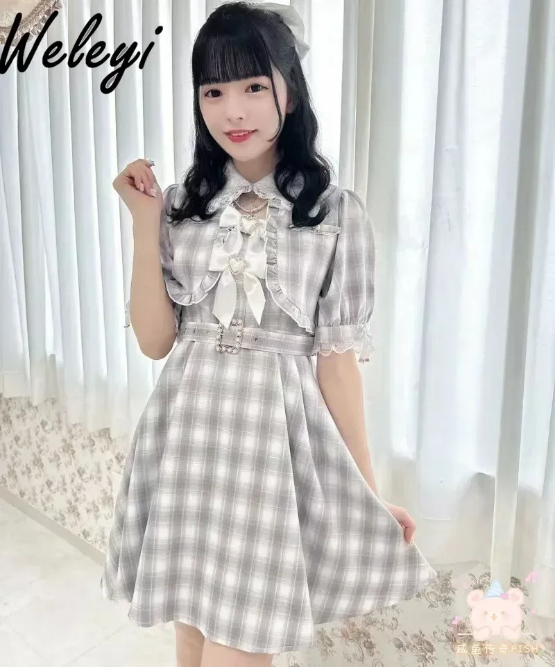 

Japanese Style Rojita Plaid Waistcoat Dresses 2024 Summer New Mine Series Mass-Produced Bow Short Sleeve Fake Two Pieces Dresses