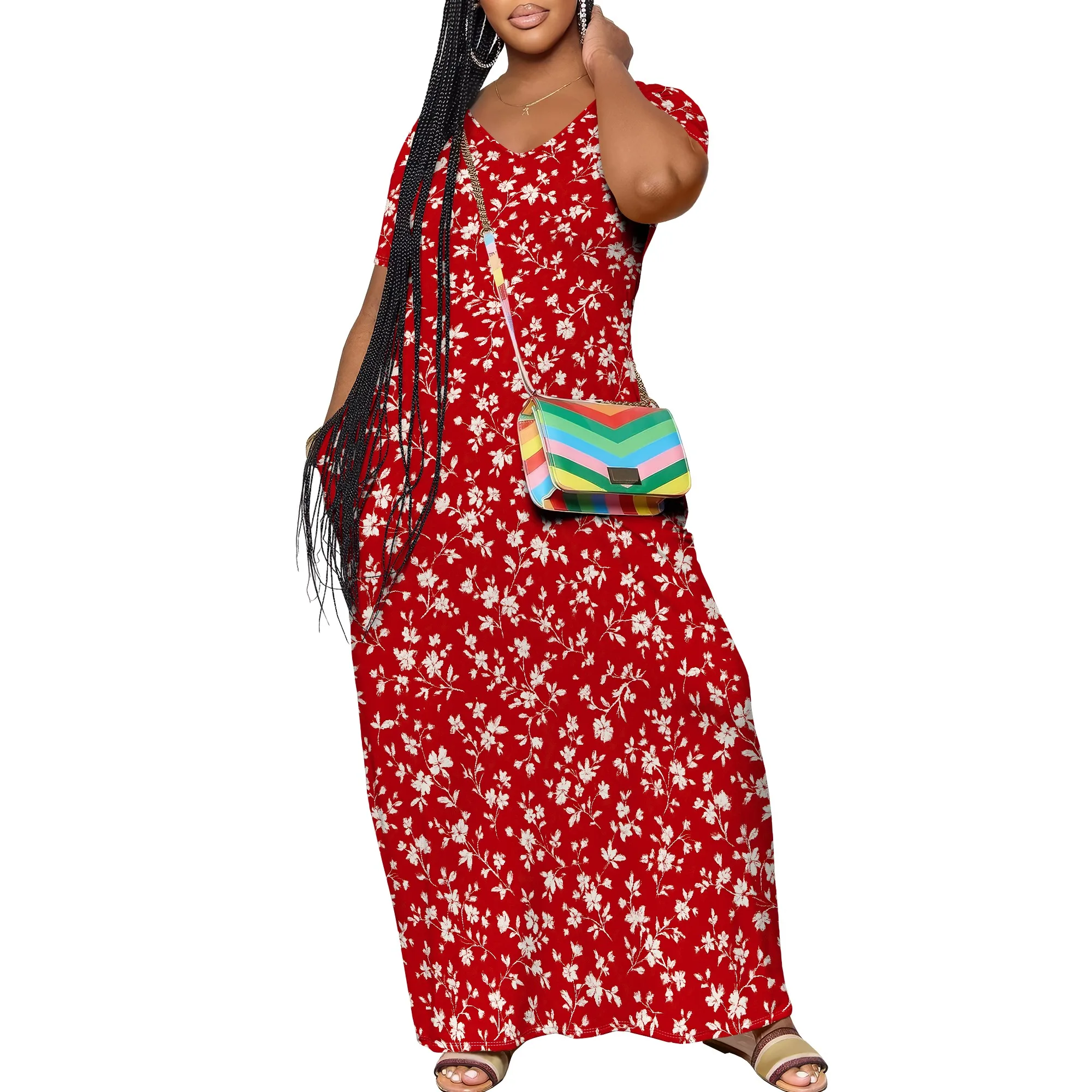 สตรี Sundress ฤดูร้อนดอกไม้แขนสั้น V คอ A-Line