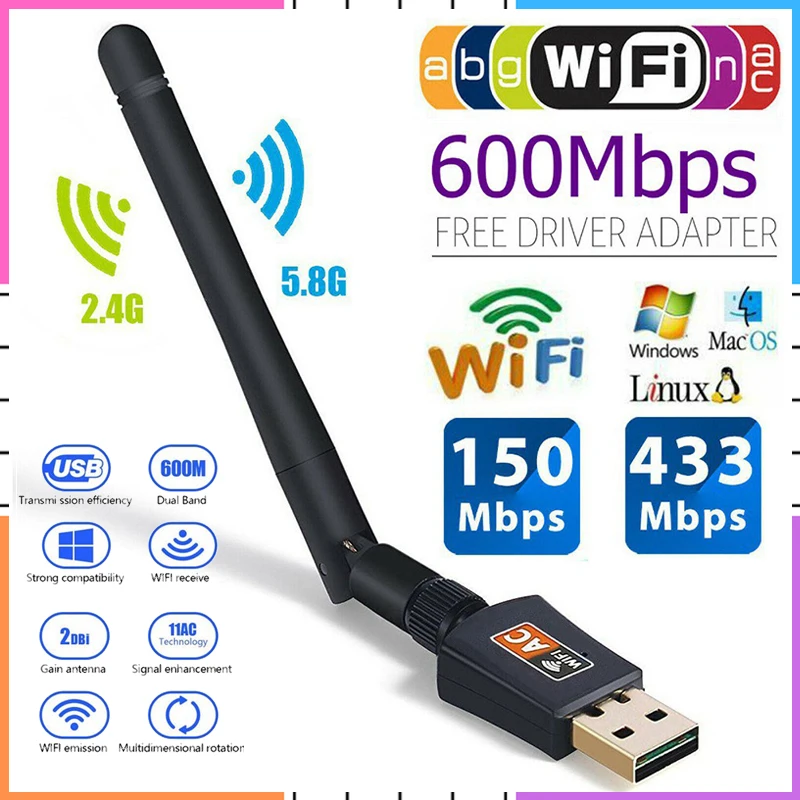 

600 Мбит/с Wi-Fi адаптер двухдиапазонный 2,4G + 5 ГГц беспроводной Wi-Fi ключ USB-приемник 802.11AC сетевая LAN антенна для ПК и ноутбука