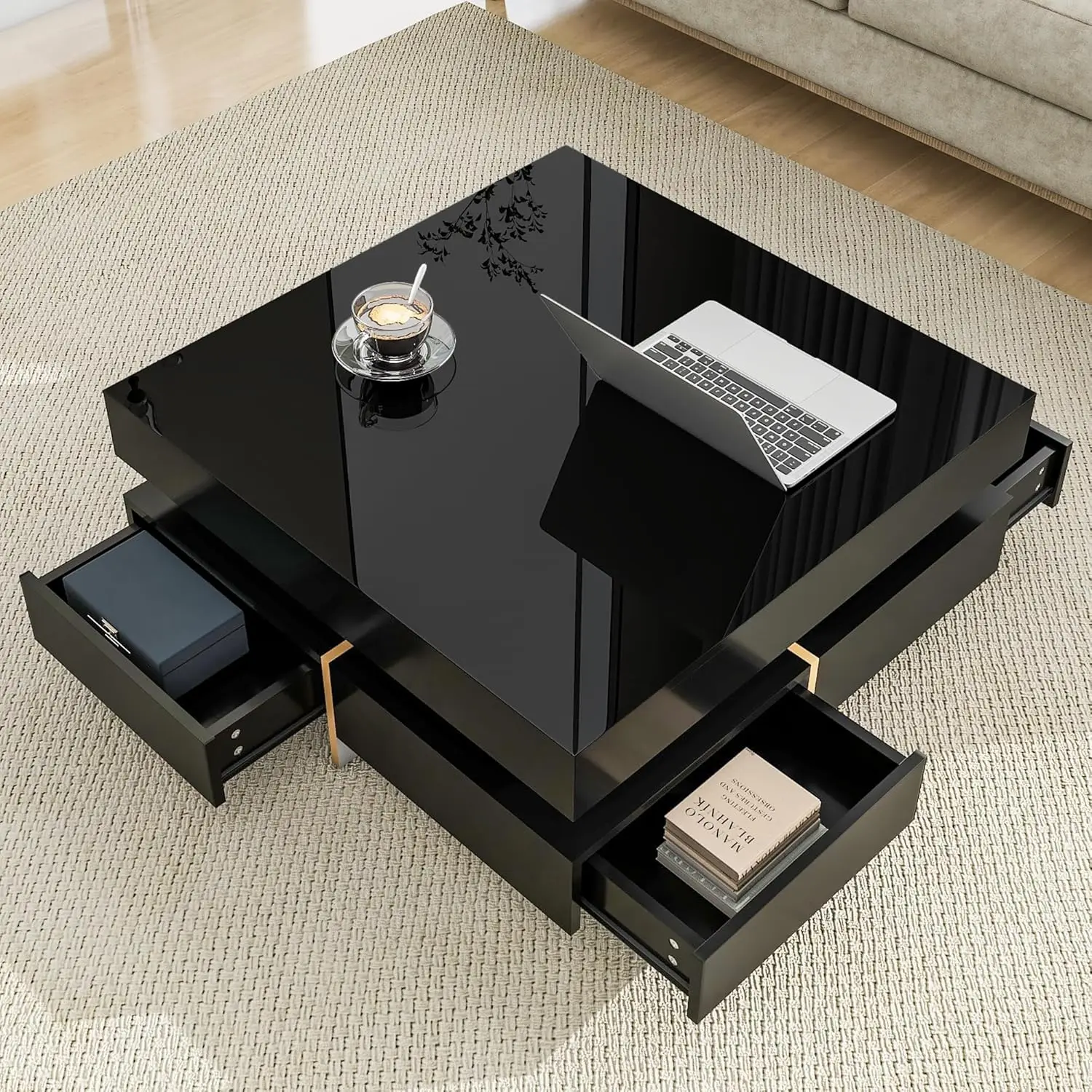 Modern High Gloss Coffee 4 Drawers，Multi-Storage Square Cocktail Tea Wood Grain Legs,Center Table，Perfect for Living Room