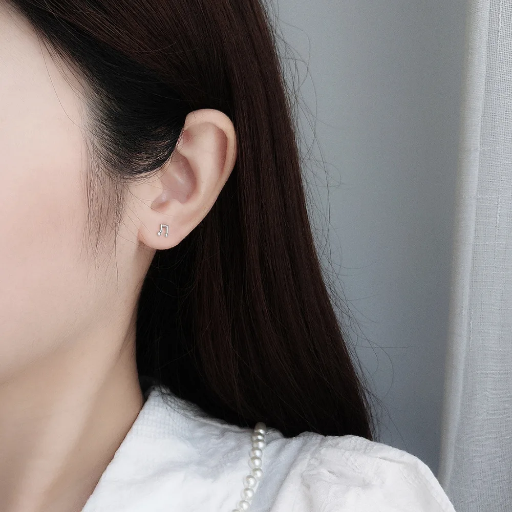 Melodic Marvels: S925 Sterling Silver Miniature Music Note Stud Earrings, Korean Cute and Unique Jewelry for Girls