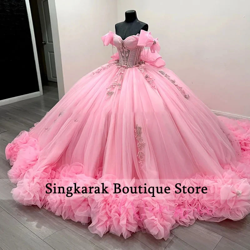 Customized Pink Shiny Quinceanera Dresses Off The Shoulder Applique Lace Beads Bow Tiered Tull Party Birthday Sweet 16