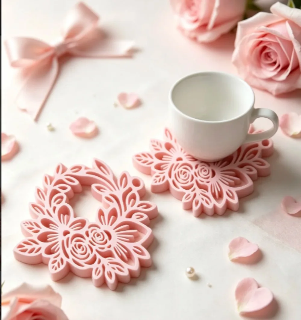 Coffee Coaster Cup Embossed Rose Blossoms Relief Hollow Leaf Vein Matrix Matte Blush Pink for Kitchen Countertop Bar Desk
