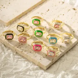 HECHENG,New Pink Stone Ring For Women Zircon Enamel Rectangle Rings for Ladies Fashion Sweet Jewelry Open Size