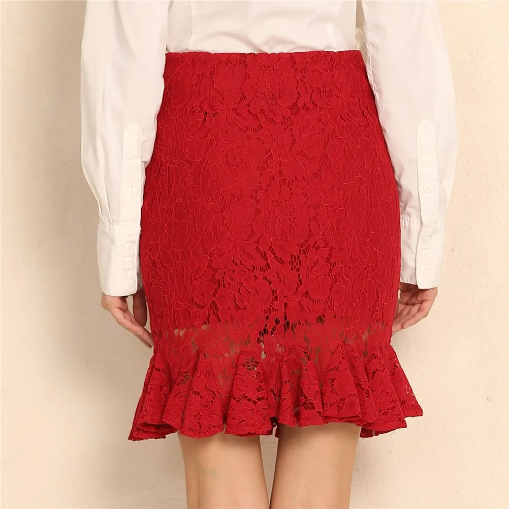 Neue Büro Spitze Rock Frauen Sexy Hohe Taille Bleistift Rock Einen Schritt Formale Rüschen Rock Größe S-5XL