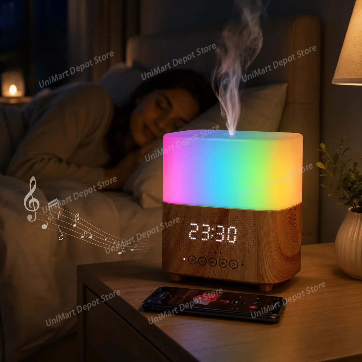 Multifunctional Digital Alarm Clock, Cool Mist Aroma Diffuser Humidifier with Dimmable Night Light for Bedroom Home Decor