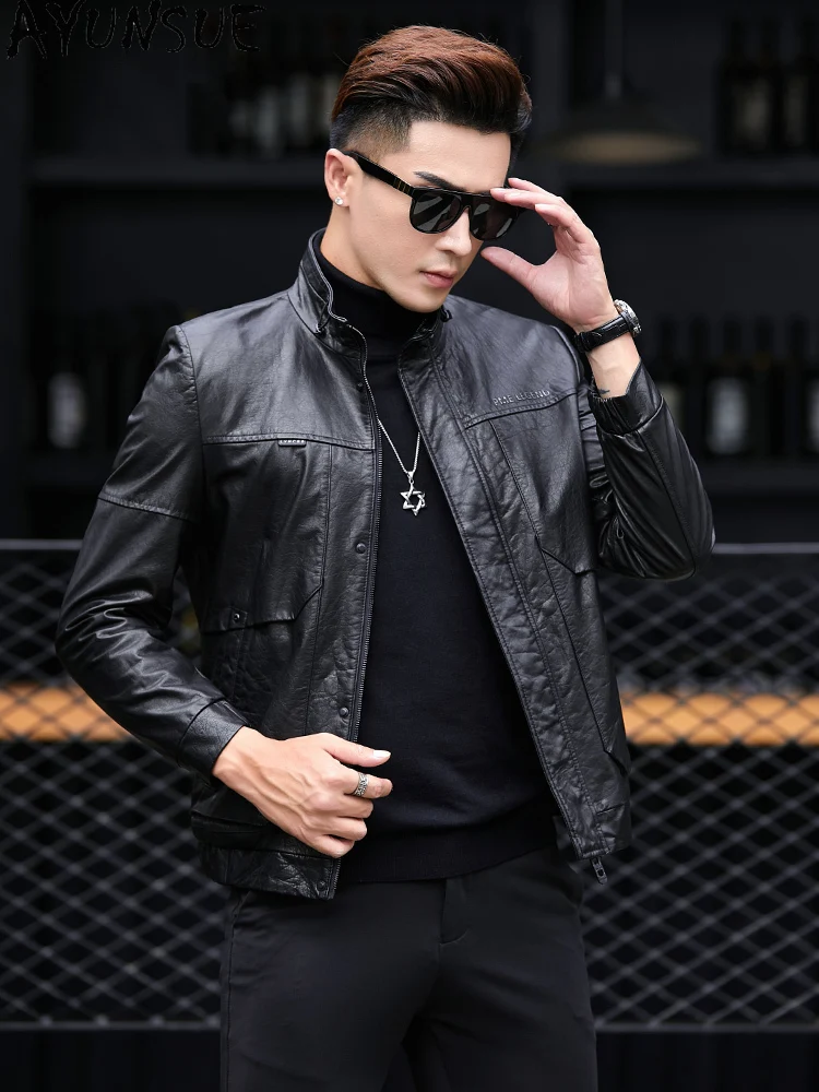 AYUNSUE 100% Genuine Leather Jackets Man Top Layer Cowhide Short Leather Coat Stand Collar Slim Men Leather Jacket Motorcycle