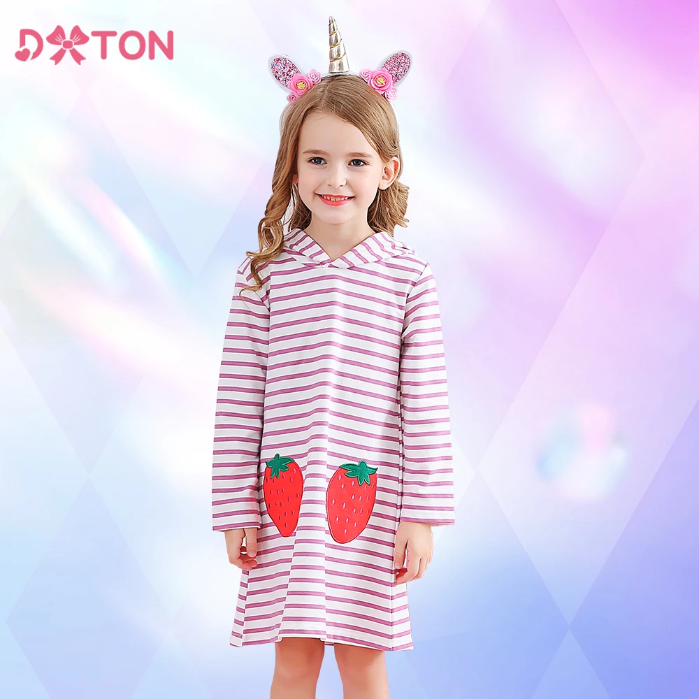 DXTON Girls Hooded Dress Winter Toddlers Hoodies Dress Strawberry Applique Kids Costumes Striped Children Casual Dress Clothing