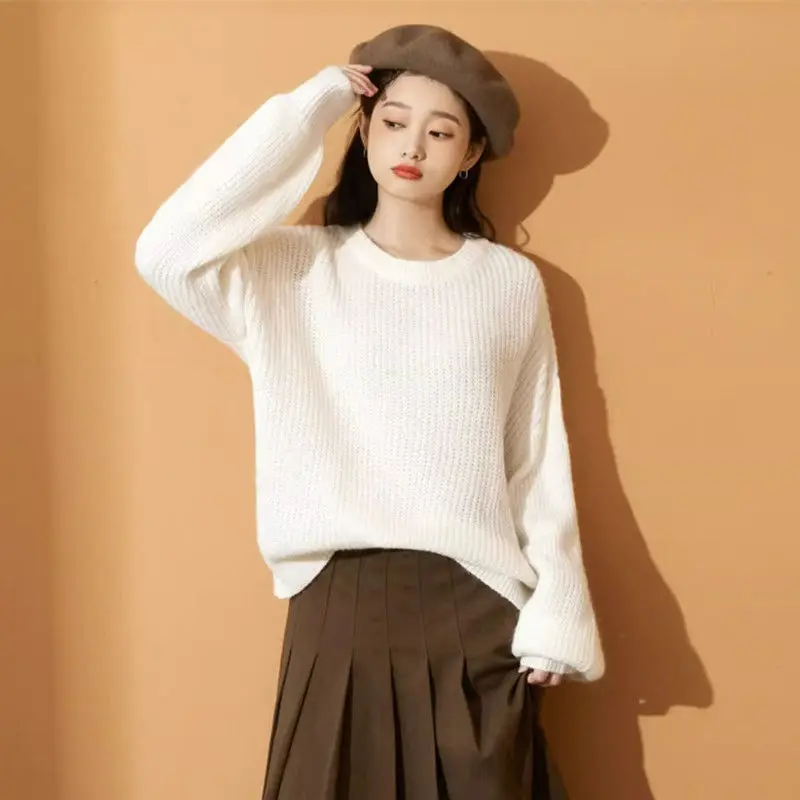 

Soft Waxy Sweater for Women in Autumn and Winter Lazy Style Loose Long-sleeved Knitted Round Neck Pullover Top for Women Y2K