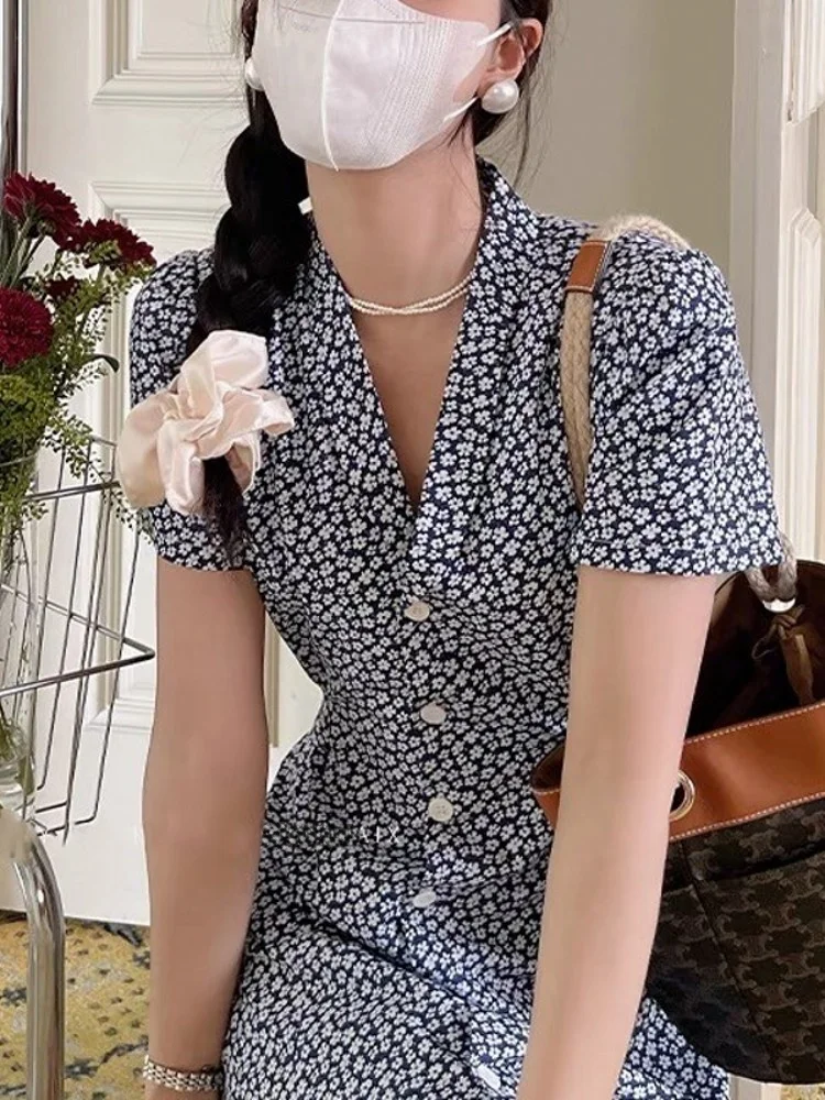 Ele Bloemen V-Ne ort Sve Chiffon Dr Dames Zomerontwerp Afslankende irt Dr A-lijn Rok Enkele knoopsluiting