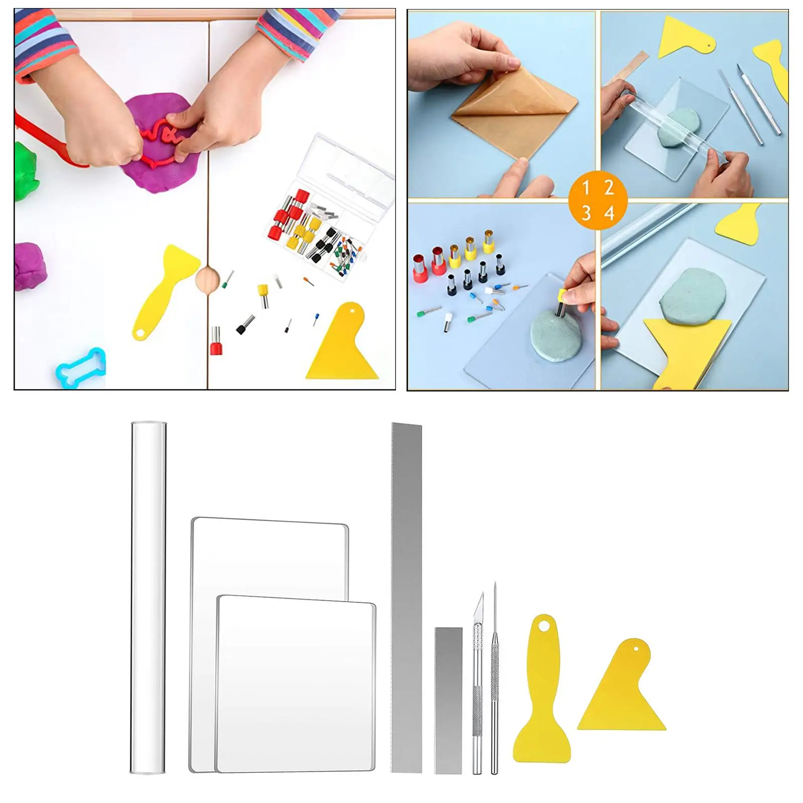 9 Pieces DIY Clay Tool, Include Acrylic Clay Roller, Acrylic Sheet, Clay Needle, Clay Cutter, Scraper Backing Board