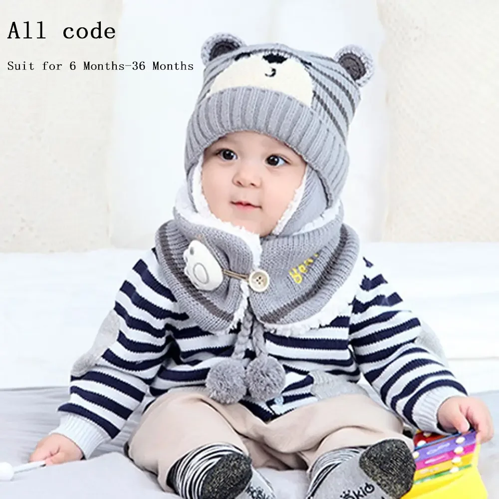 Warm Toddler Baby Winter Boys Girl Neck Scarf Baby Beanie Cap Kids Hat Scarf Set Bear Earmuff