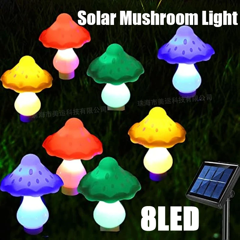 Mushroom String Lights para Jardim, Luz Solar, 8LED, Quintal, Pátio, Out Side, Paisagem, Impermeável, Natal, Dia das Bruxas, Caminho, Gramado, ao ar livre