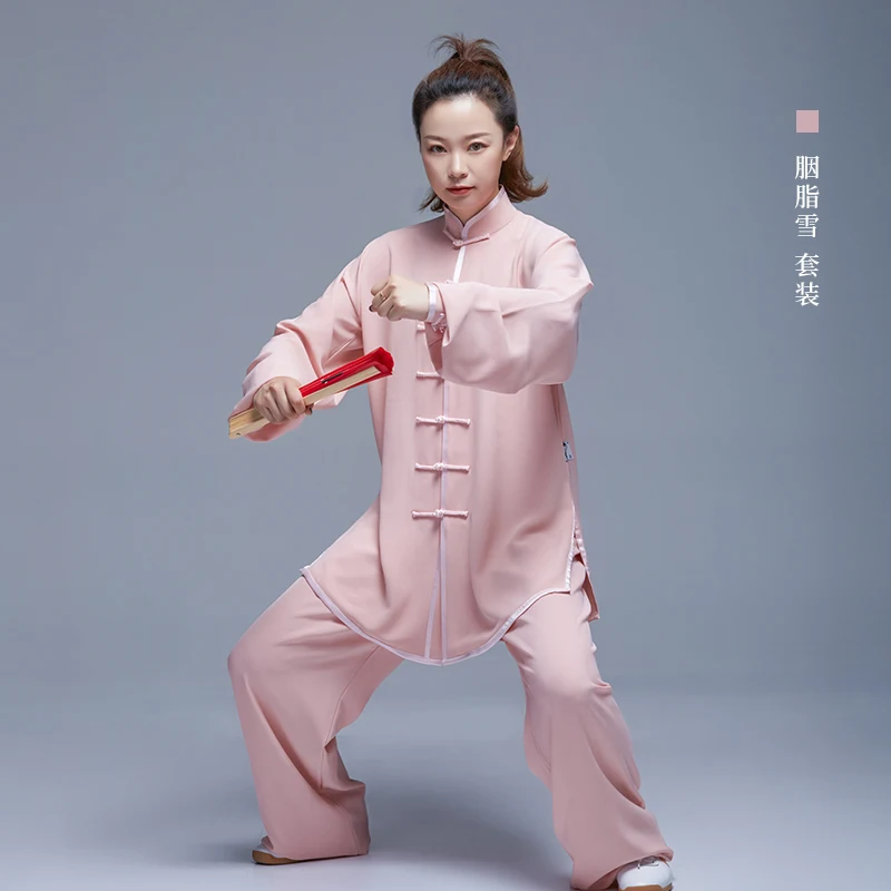 Women's Pink Stretch Linen Tai Chi Suit, Youthful Flowy Uniform for Wushu Performance & Competition