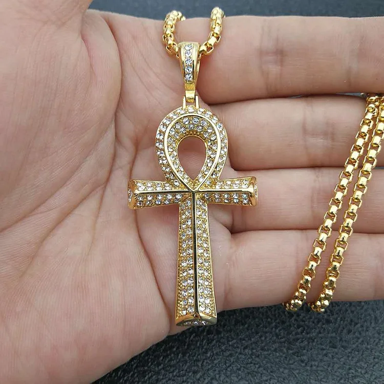 Gold silver color Micro Cubic Zirconia Anka Egyptian T Shaped Cross Pendant Fashion Iced Out Bling Key Of Life Necklace Jewelry