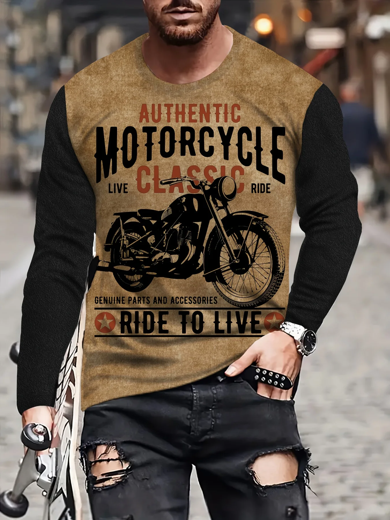 Men's Classic Retro Motorcycle Cool Digital Printed T-shirt Casual Sports Comfortable Soft Breathable Long Sleeve T-shirt Top