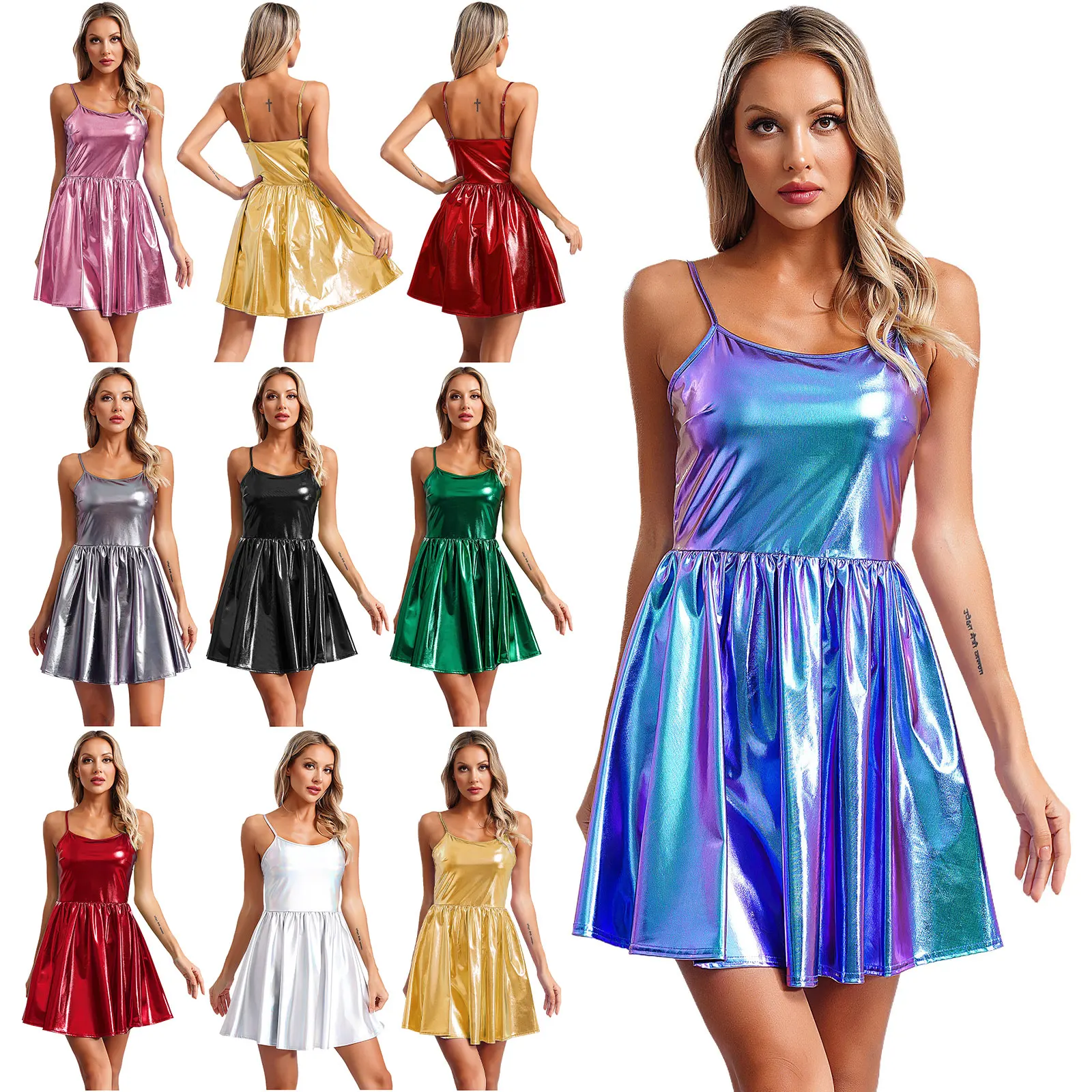 Women Patent Leather Cami Dress Shiny Metallic High Waist A-line Pleated Mini Dresses Nightclub Music Festival Party Clubwear