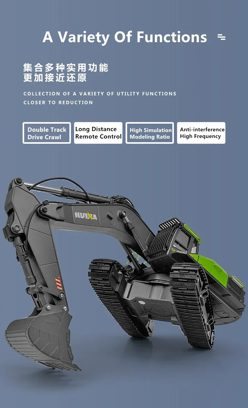 รถขุดบังคับวิทยุจำลองโลหะผสมคุณภาพสูง อัตราส่วน 1:14 2.4G 22CH แบตเตอรี่ใช้งานได้ 50 นาที ระบบขับเคลื่อนด้วยสกรู รถวิศวกรรมบังคับวิทยุ