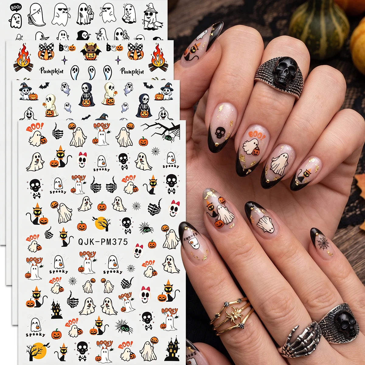 4 Stück Nageldekorationsaufkleber, Halloween-Cartoon-Motiv mit Geistern und Kürbissen, niedliche und lustige Halloween- und Totenfest-Partydekoration. – Detail 4