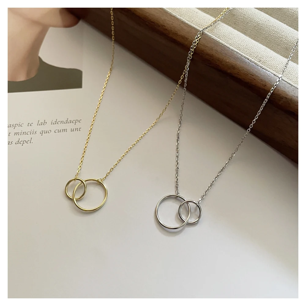 TZgrams Genuine 925 Sterling Silver Minimalistic Necklace for Women Double Circle Pendant Thin Chain Simple Exquisite Jewelry