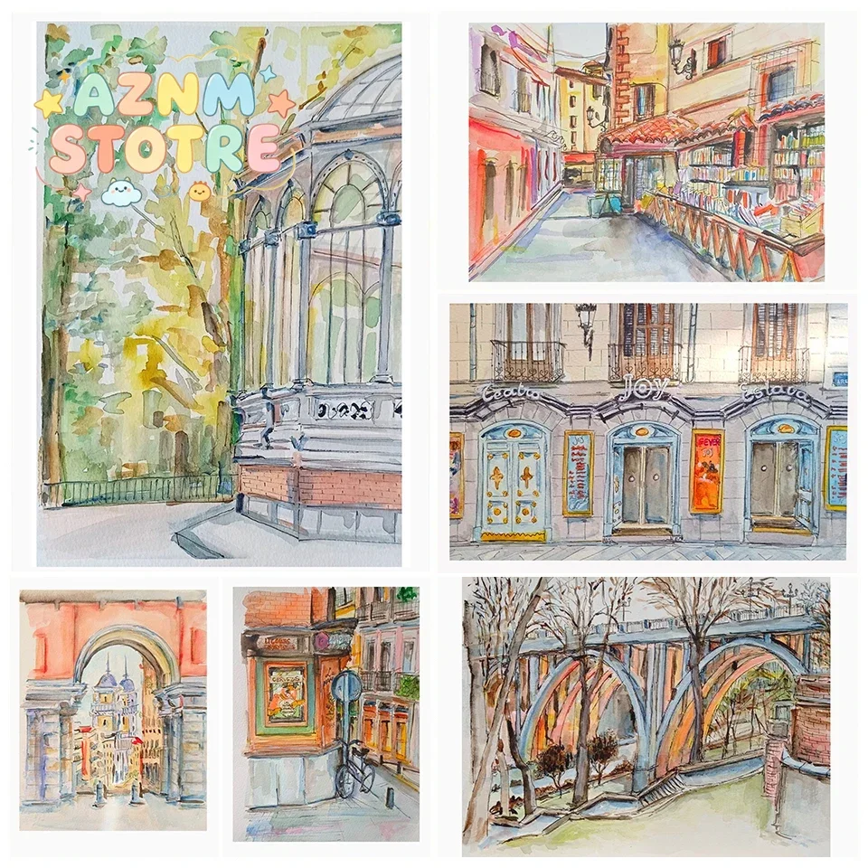 Modern Madrid Illustration Posters Watercolor Urban Landscape Prints Canvas Painting Madrid Wall Art Pictures Home Room Decor