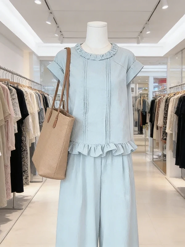 

Large Size Women's Summer Anti-Aging Top Wide Leg Pants Two-Piece Set Casual Commute Style High Waist T-Shirt