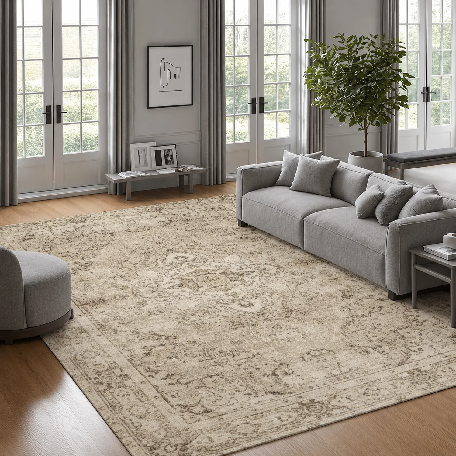 Large Indoor Area Rug, Soft Low Pile Velvet with Non-Slip Dotted Backing, Machine Washable Vintage Distressed Traditional Medallion Rug for Living Room, Bedroom Neutral Beige Floor Rug for Home Decor