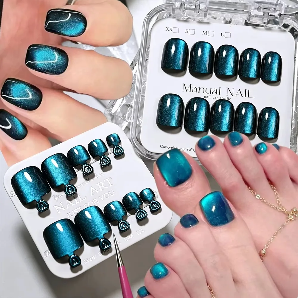 48Pcs Sea Blue Cat Eye Press on Nails Short Square Shape Glossy Finish False Nails Set Nail Lengthening Full Cover